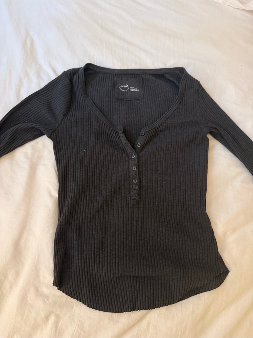 aerie Black Ribbed Henley Long Sleeve Scoop Top